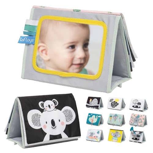 Image of Taf Toys Tummy Time Baby Mirror Soft Baby Book with Mirror & Teether - Tummy Time Toys 0-6 Months - High Contrast Newborn Infant Toys - Ideal for Sensory Play - Perfect 0-3 Year Old Boys Girls Gift