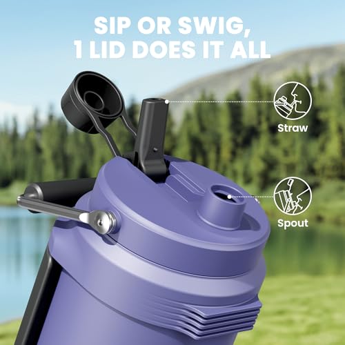 Image of 64 oz Insulated Water Bottle for Gym: Meoky Triple Wall Vacuum Stainless Steel Half Gallon Water Jug - Top and Side Handles, 2-in-1 Straw and Spout Lid, Cold for 36 Hrs, Leak Proof for Camping (Navy)