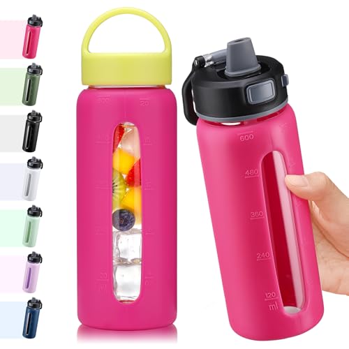 BLUEGO 600ml Borraccia in vetro con 2 coperchi-Coperchio con chiusura One-touch e maniglia Borsa riutilizzabile con indicazione del tempo per Viaggi Casa Palestra Sport Senza BPA, Rosso rosa