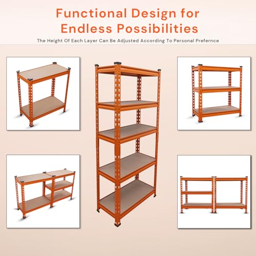 Image of BonKaso Adjustable Set of 5-Shelf Metal Storage Shelving Unit, Steel Bootless Rivet Utility Display Rack Garage Shelves, 54 Inches Height(54 X 24 X 12 Inc) Orange