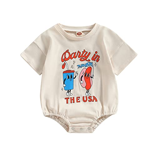 Aeemcem 4Th Of July Baby Boy Girl Outfit Usa Bubble Romper Oversized Short Sleeve T-Shirt Onesie Bodysuit Top Summer Clothes (Cartoon-Apricot, 0-6 Months) #TOP26