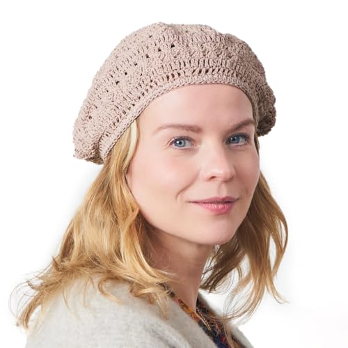 Womens Mens French Hat Beret - Ladies Women's Summer Crochet 100% Cotton Caps Hand Knitted Pink Beige