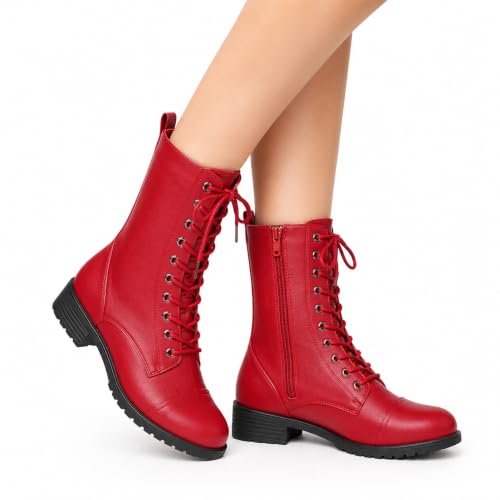 Image of Forever Link Womens Round Toe Military Lace Up Knit Ankle Cuff Low Heel Combat Boots