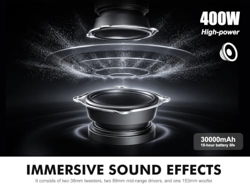 Image of Lenyes S873 Bluetooth Party Speaker with Auracast Technology, 400W Peak Power, Karaoke Speaker with 2 Wireless UHF Mics, 30000mAh Battery, 60W Fast Charging, IPX6, RGB Lights Guitar Input, App Control