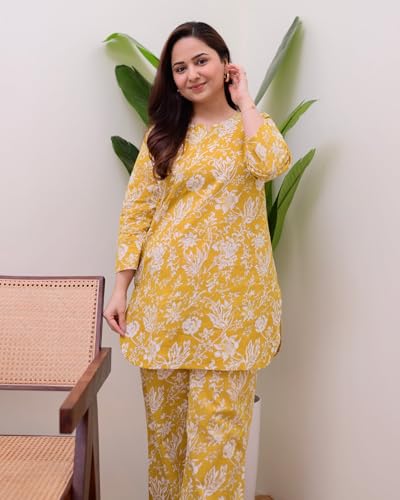 Image of MEERA FAB Women Printed V-Neck Pure Cotton Tunic with Trousers Co-Ords Set