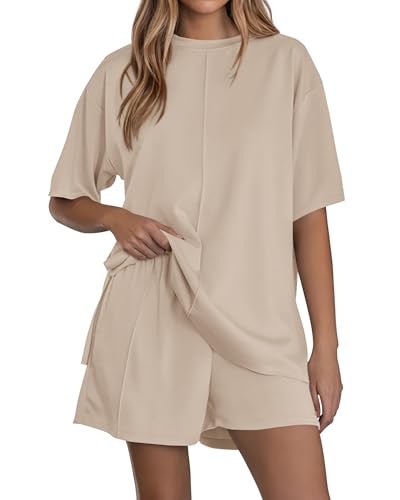 BTFBM Casual 2 Piece Sets For Women Summer 2026 Short Sleeve Tops Shorts Spring Lounge Matching Workout Airport Outfits(Beige,X-Large)