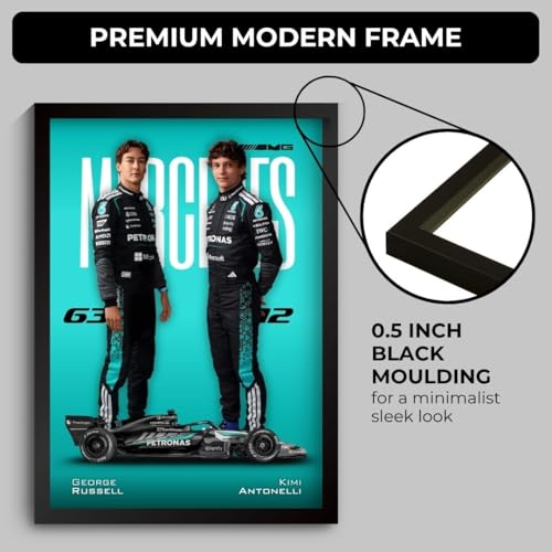 Image of George Russell Mercedes F1 Poster | Framed AMG F1 Car A4 Sized (31 x 23 cm) | Russell and Kimi Posters | Mercedes Car Frame for Wall, Gift for Boys, Formula 1 Frame | Formula 1 Frames (F 176)