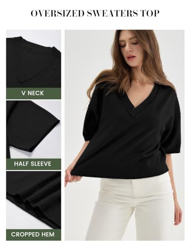 Image of FAlABLE Womens Short Sleeve Sweater Cropped V Neck Sweaters Oversized Summer Knit Top Trendy Pullover Lightweight Casual