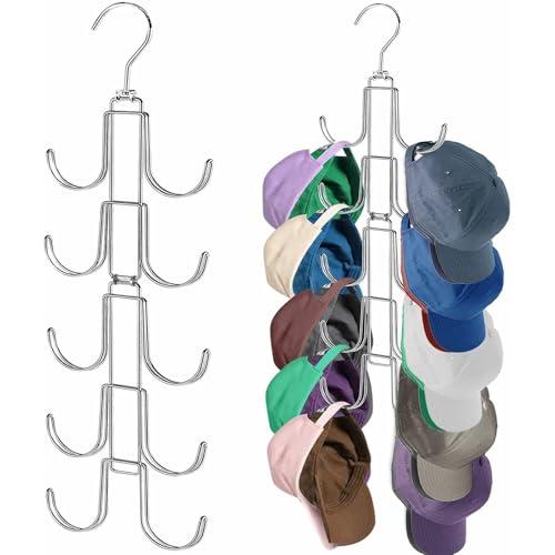 Hat Saver Collapsible Caps Rack with 10 Rotatable Large Hooks, Space-Saving Storage for Hat Closet Hat Rack, Metal Collapsible Space Saving Organizer for Baseball Caps, Beanies, Scarves, Handbags