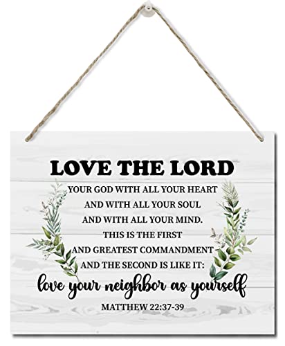 Bible Verse Printed Wood Plaque Sign Wall Hanging, Home Wall Decor Love The Lord Your God Quote Scripture Rustic Hanging Wall Plaque Wood Signs, Matthew 22:37-39 Christian Sign