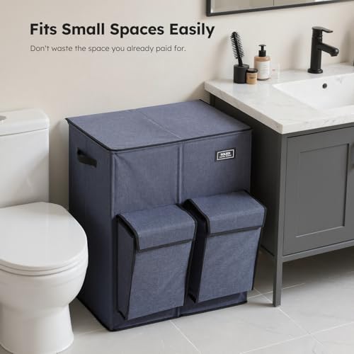 SOLEDI Double Laundry Hamper with Lid, 180L Large Laundr Basket 2 Section with 2 Side Pockets, Dirty Clothes Hamper with Removable Bag, Easy to Carry for Laundry Room, Bedroom (Navy Blue) by SOLEDI - Image 6