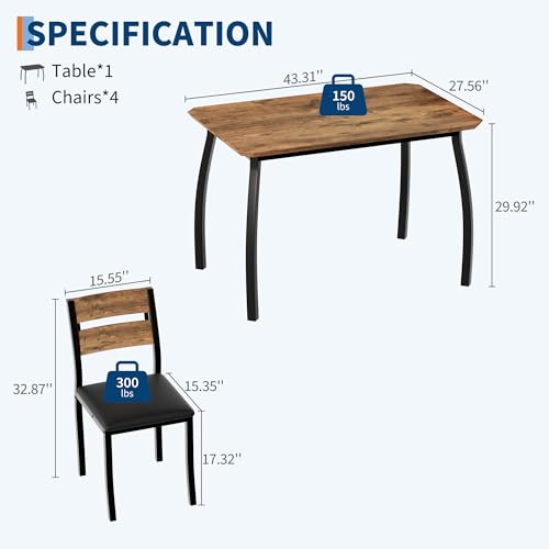 Garvee Dining Table Set for 4, Modern Metal & Wood Dining Room Table Set for 4 with Chamfered Edge & Cushion Seats, Space-Saving for Breakfast Nook, Apartment, Small Space, Dinette, Retro