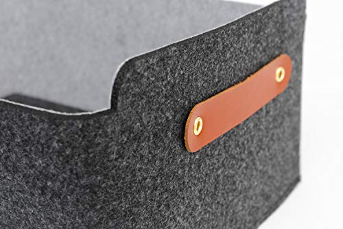 Miqio® Design Aufbewahrungsbox aus Filz mit Ledergriff | hochwertiger Korb aus Filz | Filzbox mit Echtleder Elementen | Regalkorb | dunkelgrau anthrazit Filzkorb 2er Set