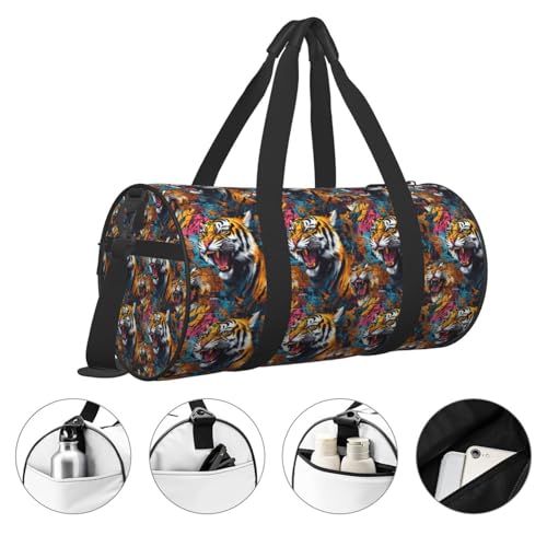 Cool Tiger Graffiti Print Travel Duffle Bag, Sports Gym Bags for Women Men, Carry On Weekender Overnight Personal Item Travel Bags3