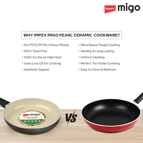 Image of Impex Ceramic Cookware Set | 6 Pc Induction Base Non Stick | Kadai Pan With Lid, Fry Pan, Tawa Pan and 2 Spatulas | Free From PTFE, PFOA and Heavy Metals| 100% Non Toxic | 2 Year Warranty, Grey