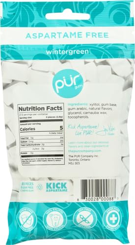 Image of PUR Gum | Aspartame Free Chewing Gum | 100% Xylitol | Natural Wintergreen Flavored Gum, 55 Pieces (Pack of 2)