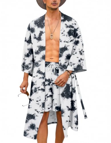 COOFANDY Mens Summer Robes Lightweight Rave Kimono Kaftan For Men Floral 2 Piece Kimono Set Open Front Long Cardigan Outwear