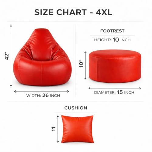 Image of 4XL Tear Drop Bean Bag with Footrest & Cushion | Premium Leatherette Bean Bag Cover | XXXXL Lounger Chair for Living Room | Without Beans | Upto 150 Kg (Red, XXXXL)