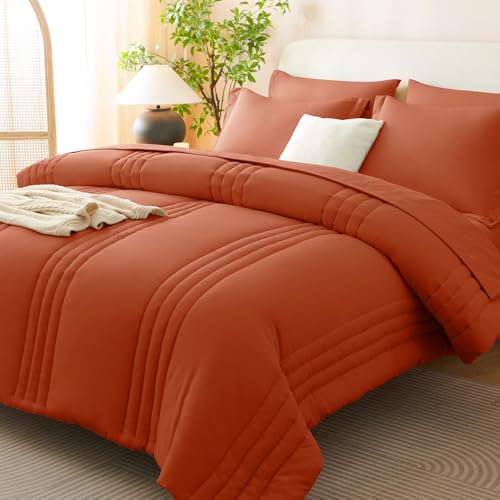 Image of CozyLux Full Size Comforter Sets Terracotta - 7 Pieces Bed in a Bag, Modern Vertical Quilted Room Decor, Soft All-Season Bedding Gift with Comforter, Sheets, Pillowcases & Shams