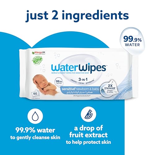 Image of WaterWipes Baby Wipes (Imported-Ireland) 1 pack (60 wipes), Plastic-Free Original World's purest Unscented, Made in Ireland, 99.9% Water Based Wipes, Unscented for Sensitive Skin, Certified by Allergy UK, National Eczema association, and Vegan Society
