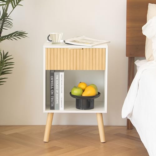 Image of Fultyle Nightstand, Modern Bedside Table with Drawer and Open Shelf, Fluted Night Stand with Solid Wood Legs for Bedroom, Living Room, Office (White Oak)