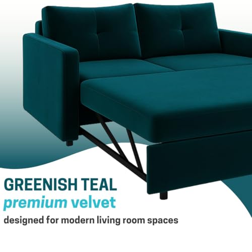 Image of CASASTYLE Seria 2 Seater Pull-Out Premium Fabric Sofa Cum Bed Sofa Set for Living Room (Greenish Teal) Velvet Finish | Comfortable Sofa Bed