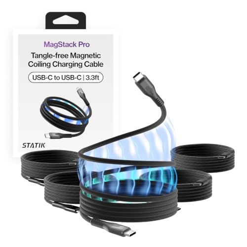 Image of Statik MagStack Pro USB C to USB C Coiling Magnetic Charging Cable,100W | Nylon Braided Tangle-Free Design, Magnetic Coiling, Data Transfer, Compatible with iPhone & Android, 3FT Black, 5 Pack