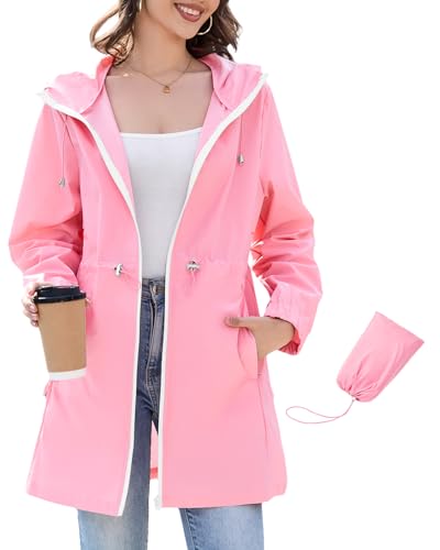 Waterproof Rain Jacket Women Lightweight Packable Raincoats for Women with Hood Long Rain Coat Windbreaker Pink Large