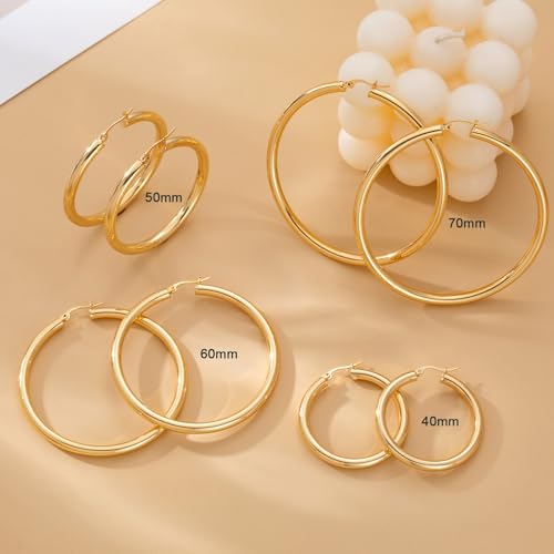 4mm Thick Gold Chunky Earrings Steling Silver Post Hoops Earrings For Women Hollow Tube Hoops Earrings Thick Gold Hoop Earrings Hypoallergenic Lightweight Gold Hoop Large Earrings 20/30/40/50/60MM,