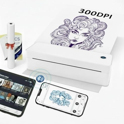 Fuhuihe Tattoo Drucker Übertragungsvorlage Maschine A4-Drucker Thermodrucker Bildungsdrucker, TattooVorlage mit 10 Blättern Vorlagenpapier 1 Rolle A4-Etikett-Standardpapier, weiß