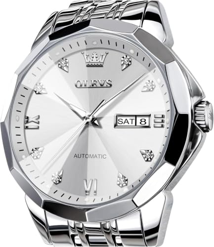 Image of OLEVS Watch for Men Automatic Classic Mechanical Watch Diamond Mirror Stainless Steel Dress Casual Waterproof Day /Date Calendar