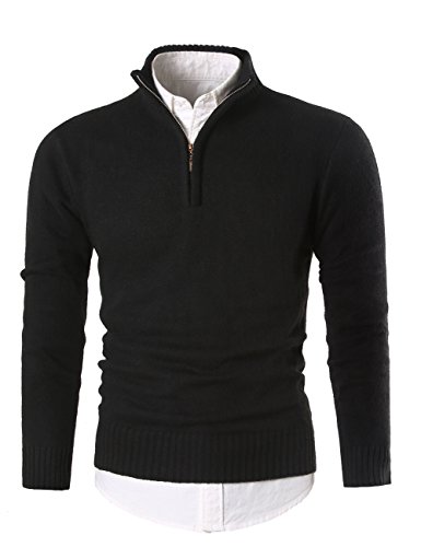 MIEDEON Mens Slim Fit Zip Up Mock Neck Polo Sweater Casual Long Sleeve Sweater and Pullover Sweaters with Ribbing Edge (Black, M)