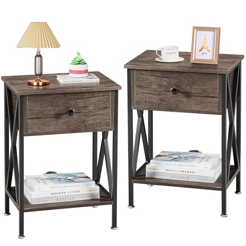 VECELO End Tables, Modern Nightstand with Drawer & Shelf, Night Stand for Bedroom Living Room,Industrial Metal Frame