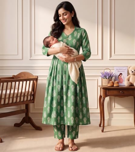 Image of DUMMY SHAPE Maternity Dresses for Women Cotton | Floral Kurta Pant Dupatta Set with Nursing Zippers, Side Pocket | Pre & Post Pregnancy | Feeding Kurti Suit | Baby Shower | Gifts for Pregnant Woman