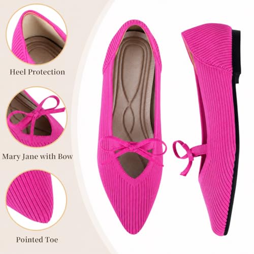 Image of TINGRISE Women's Pointed Toe Flats Comfortable Knit Ballet Shoes Washable Dressy with Bow Business Casual Work Shoes