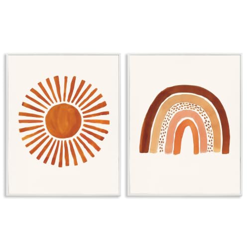 'Orange Sun Patterned Rainbow Boho'| 2pc Framed Giclee Art Set 2