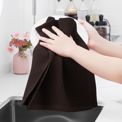 Image of Homaxy 100% Cotton Waffle Weave Kitchen Dish Towels, Ultra Soft Absorbent Quick Drying Cleaning Towel, 13 x 28 Inches, 18-Pack, Dark Brown