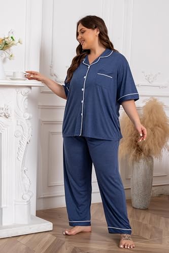 Image of Vozanet Women Plus Size Pajamas Button Down Rayon Softness PJS Classic Sleepwear Short Long Loungewear 2pcs with Pockets