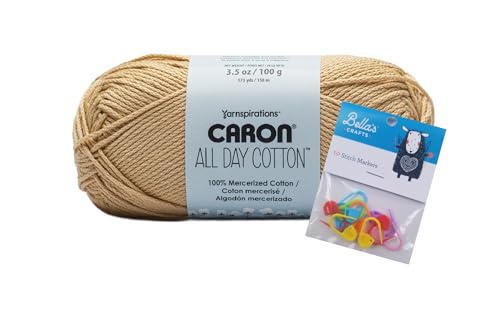 Caron All Day Cotton Yarn - 100g/3.5oz - 100% Mercerized Cotton - 173 Yards Bundle with Bellas Crafts Stitch Markers (Jute)