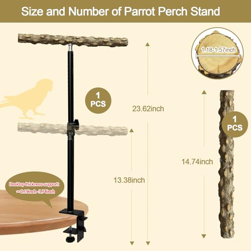 Image of 13-23 Inch Height Adjustable Desktop Bird Perch Pepper Wood Bird Training Perch Stand Parakeet Perches Indoor and Outdoor Parrot Stands for Small to Medium Bird