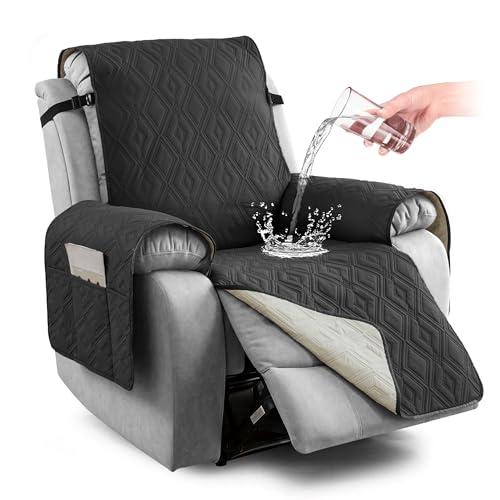 Waterproof Recliner Chair Cover With Pocket - Non Slip Armchair Cover for Electric Chair, Furniture Protector for Kids, Pets, Food (Black, 23.6IN Width)