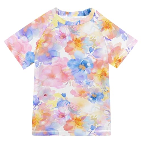 ALAZA Kids Rash Guard Girls Toddler Swim Shirts Short Sleeve Flowers Soft Pastel UPF 50+ 3T