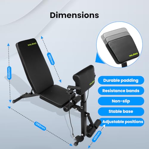 wuuhoo® Hantelbank Apex – Verstellbare Trainingsbank mit Resistenzbänder, Bizeps-Polster und ergonomischer Polsterung für vielseitiges Heimtraining – Bild 3