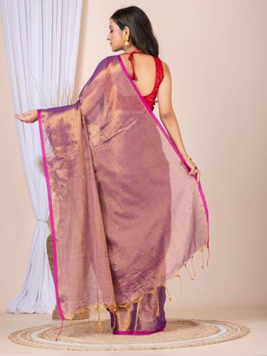 Image of Women's Tissue Cotton Saree | Plain Lightweight Tassel Pallu Saree with Blouse