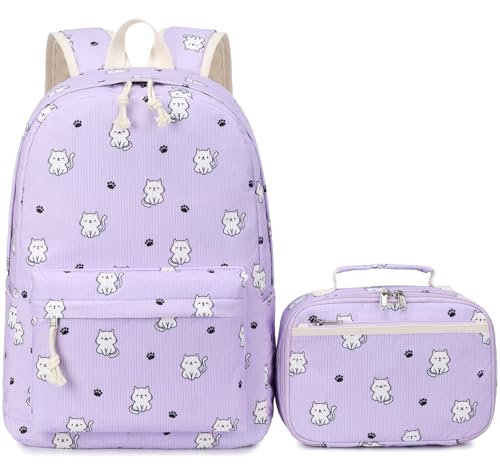 For School, Elementary Kids Backpack With Lunch Box Cute Cat