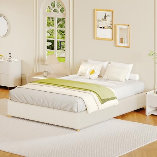Twin Size Cloud Bed Frame，Teddy Fleece Low Bed Frame Without Headboard, Thick Boucle Fabric Upholstered Platform Bed, Solid Wood Legs, No Box Spring