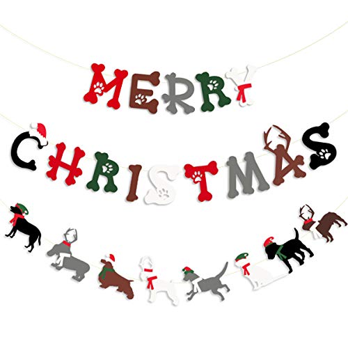 pinkblume Dog Christmas Decorations Puppy Merry Christmas Sign Banner with Hat Scarf Reindeer Antlers Dog Paws and Bones for Doggy Christmas Holiday Birthday New Year Xmas Party Decorations Supplies