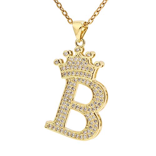 UALGL A-Z Letters Necklace Crown Necklace for Men Women 18K Gold Plated Letters Pendants with 23'' Chain Hip Hop Alphabet Name Jewelry Mom Gifts (Yellow-b)