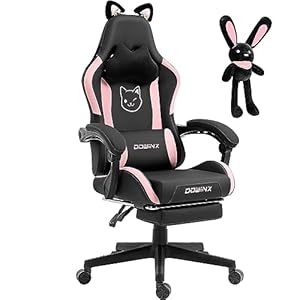 Dowinx Gaming Stuhl – Süße Katze Edition – Ergonomischer Computerstuhl mit Hoher Rückenlehne und Lendenwirbelstütze, PU-Leder, Fußstütze, Schwarz