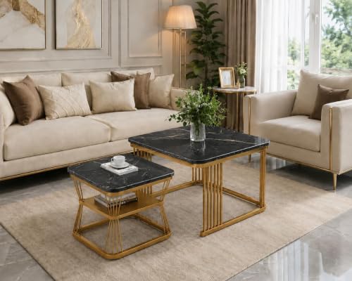 Image of Brown Art Shoppee Set of 2 Modern Coffee Tables with Marble Finish Top, Metal Frame, Nesting Center Table & End Table for Living Room Home Decor (Golden & Black)